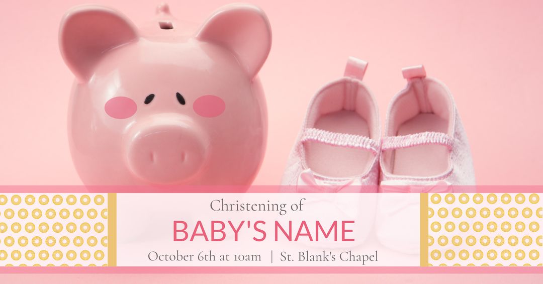 Elegant Christening Invitation with Pink Piggy Bank and Baby Shoes - Download Free Stock Templates Pikwizard.com