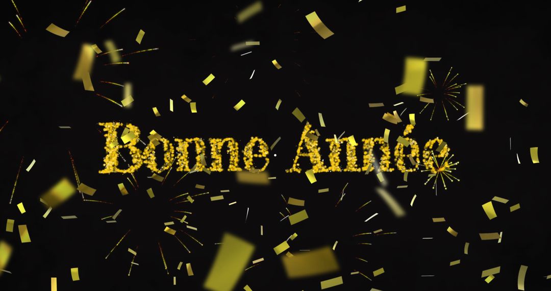 Bonne Année Text with Fireworks and Gold Confetti New Year Theme