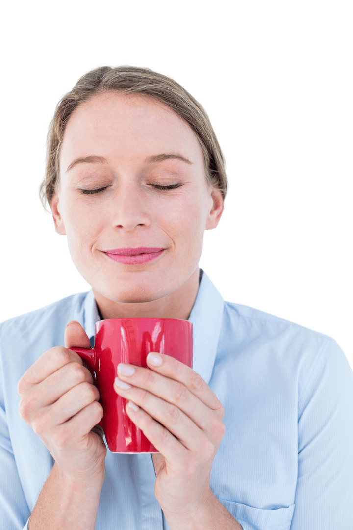 Woman Relaxing with Red Coffee Cup on Transparent Background