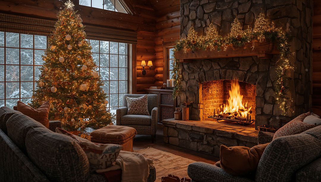 Cozy Rustic Cabin Christmas Living Room with Glowing Fireplace and Decorated Tree
