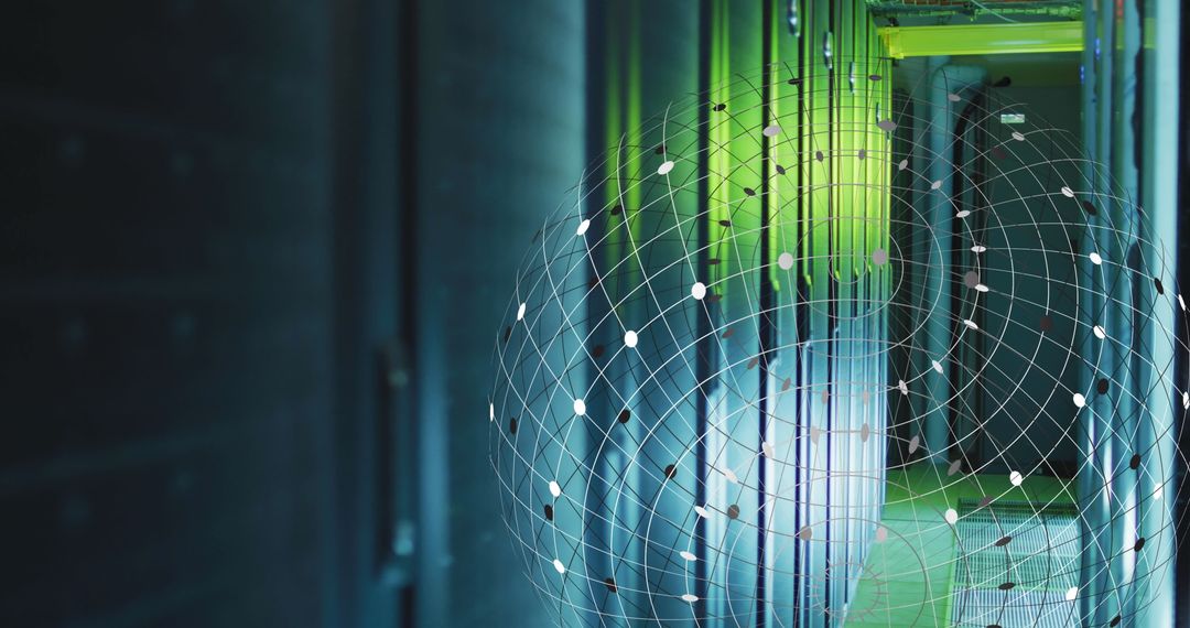 Globe Overlay on Data Center Servers Illuminated by Cool Blue Light