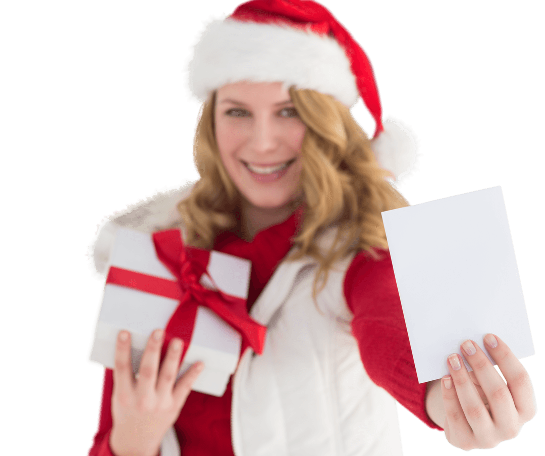 Smiling Woman in Santa Hat Showing Card and Gift on Transparent Background