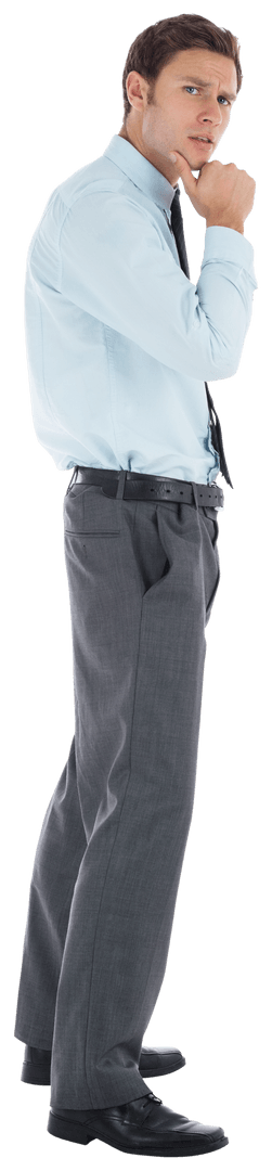 Transparent Businessman Contemplating Solutions by Standing with Hand on Chin