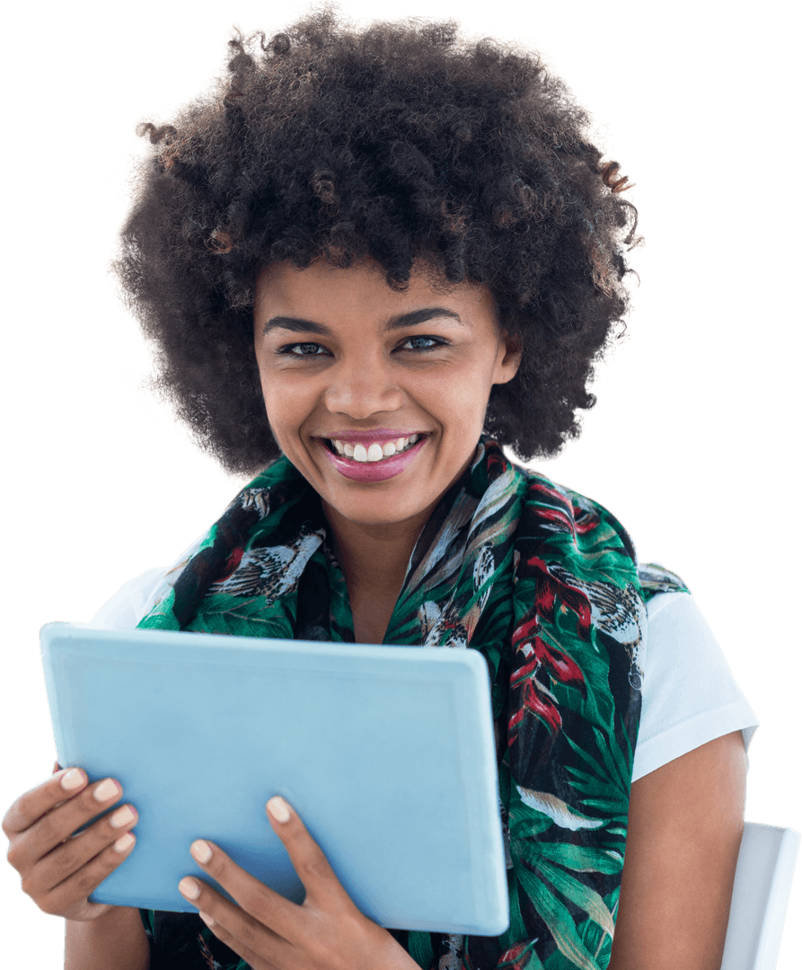 Happy Young Woman Using Tablet on Transparent Background