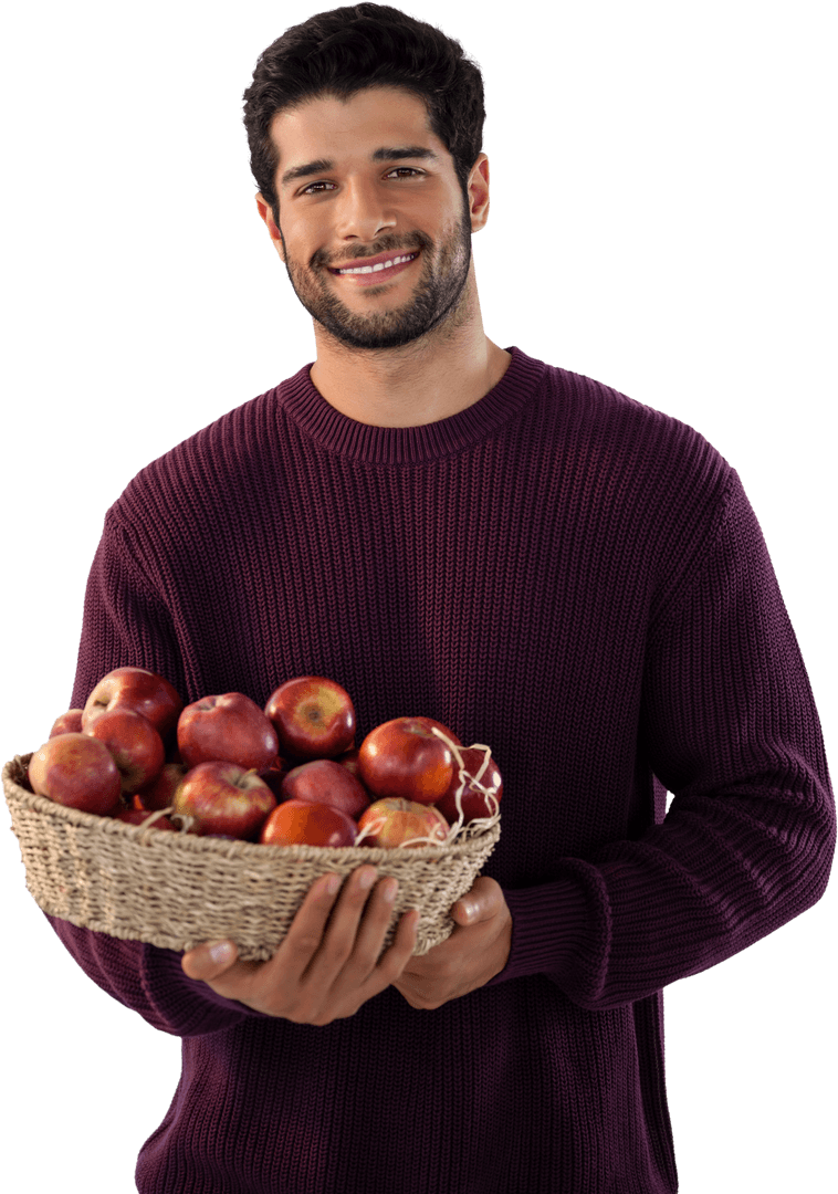 Smiling Man Holding Basket of Red Apples on Transparent Background
