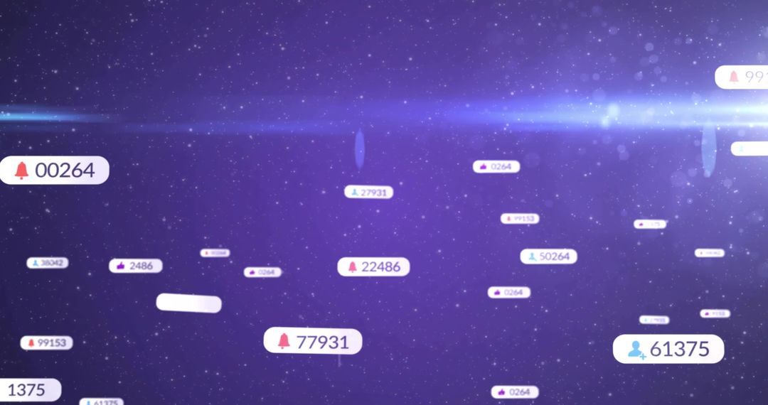 Floating Neon Notification Counters Over Cosmic Purple Starfield with Lens Flare and Bokeh