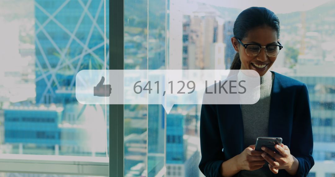 Businesswoman Enjoying Viral Online Popularity with Smartphone