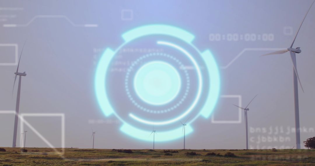 Projecting Cyan Holographic HUD Over Wind Farm Monitoring Renewable Energy Metrics