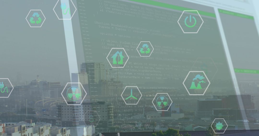 Digital Data Processing with Eco Icons Over Modern Cityscape