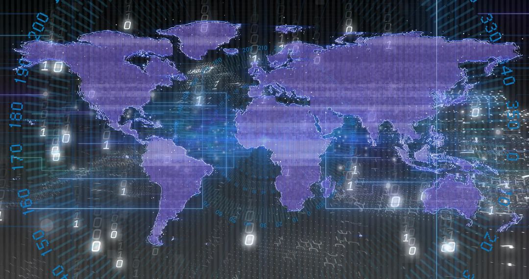 Purple World Map Overlay on Digital Grid with Binary Streams