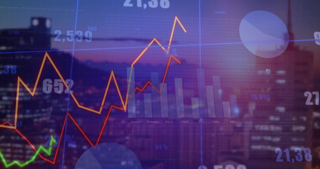 City Skyline with Financial Analytics Emerging at Dusk