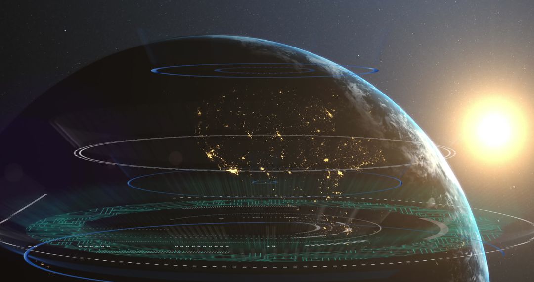 Earth with Futuristic Holographic Display and Sunburst