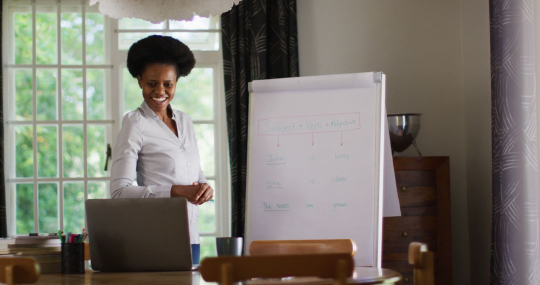 Female teacher smiling during online lesson with whiteboard and laptop - Free Images, Stock Photos and Pictures on Pikwizard.com