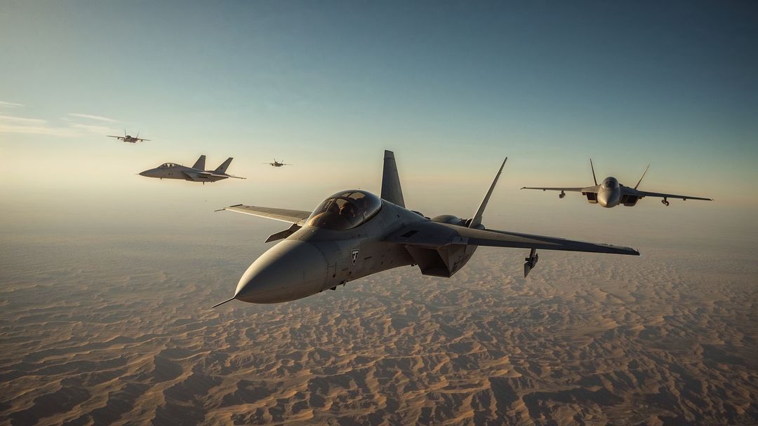 Ai-generated fighter jets flying in airstrikes formation over desert