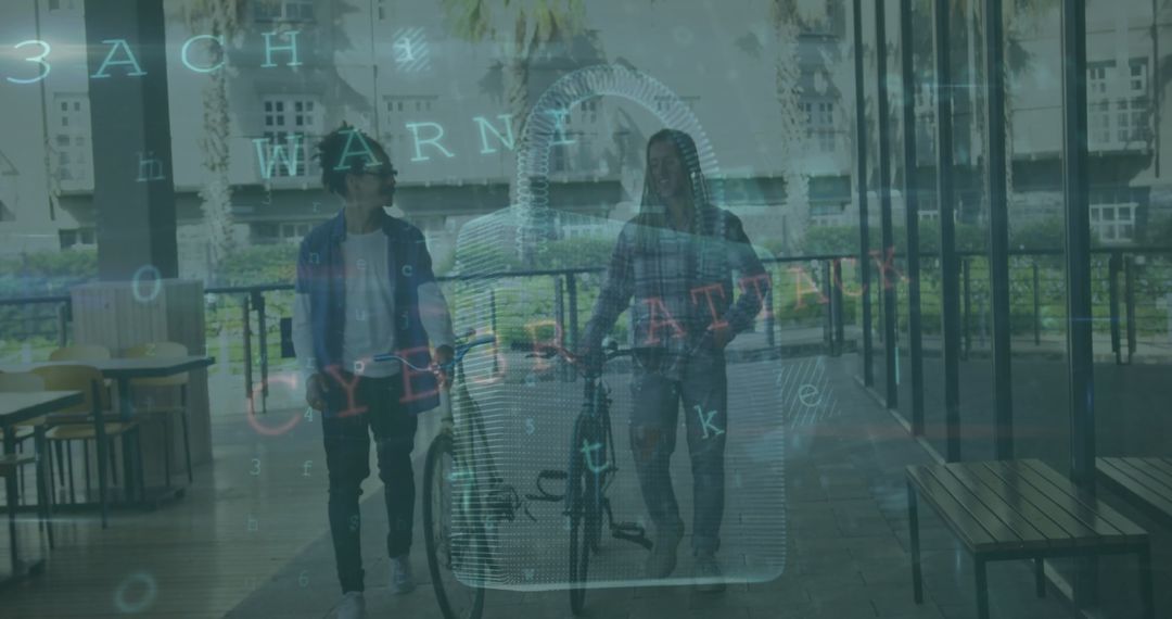 Digital Security Overlay Over Friends Walking with Bicycles