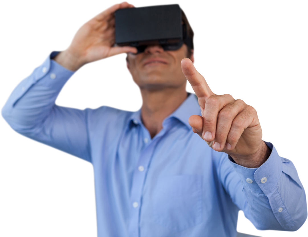 Businessman Engaging with Virtual Reality using Headset in Blue Shirt on Transparent Background - Download Free Stock Images Pikwizard.com