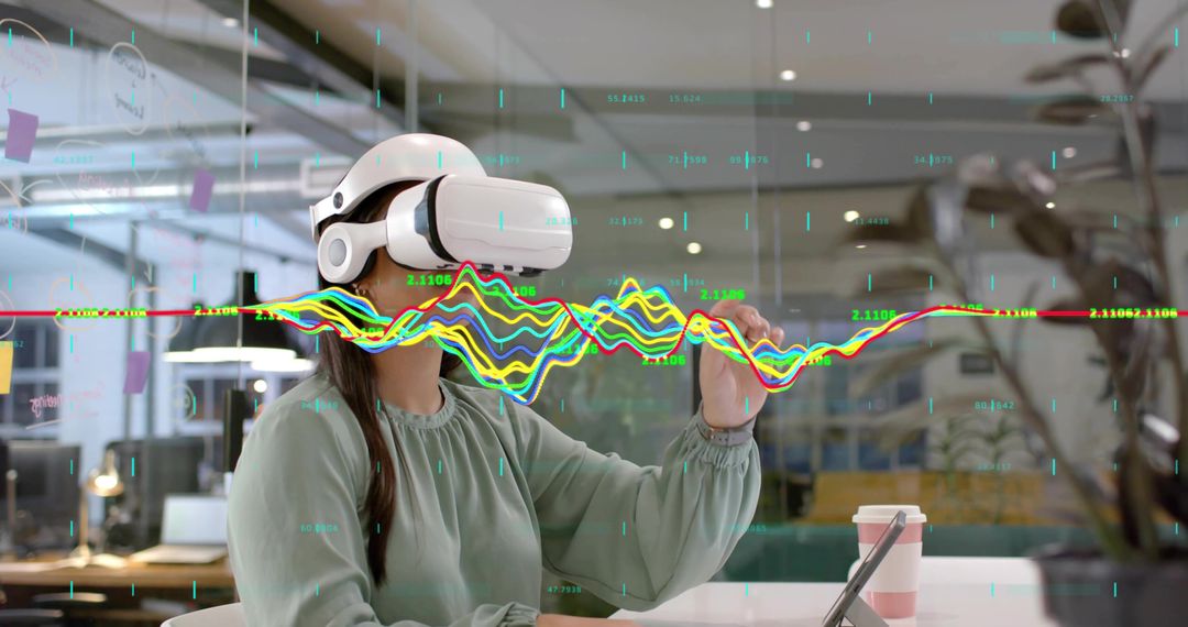 Woman Analyzing Holographic Data in Virtual Reality Office Setting