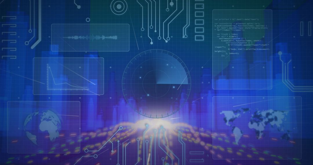 Futuristic Data Interface Against City Skyline