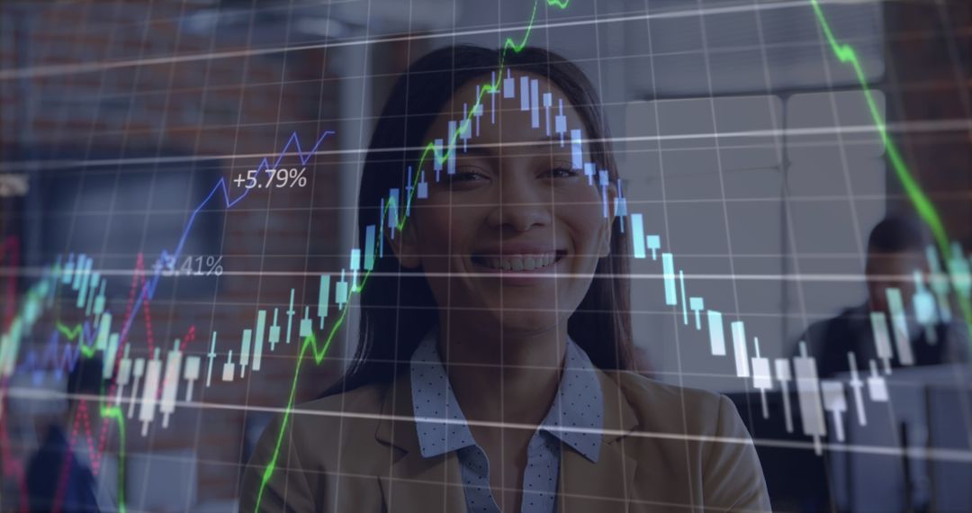 Confident Businesswoman Smiling Overlaid with Stock Market Graphs - Free Images, Stock Photos and Pictures on Pikwizard.com