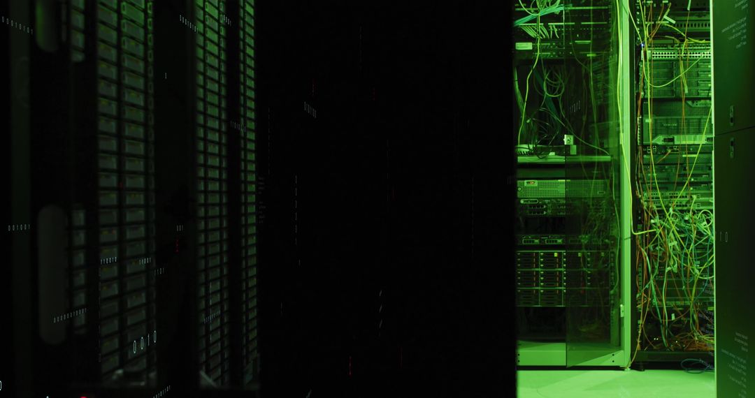 Illuminated Server Room with Green Lighting and Cables