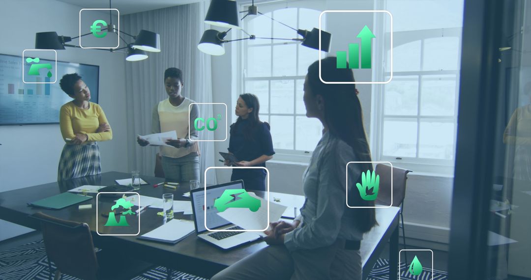 Diverse Female Team Discussing Reports with Innovative Eco Tech Overlay