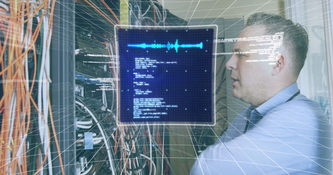 Digital Interface Over Male IT Technician in Data Center