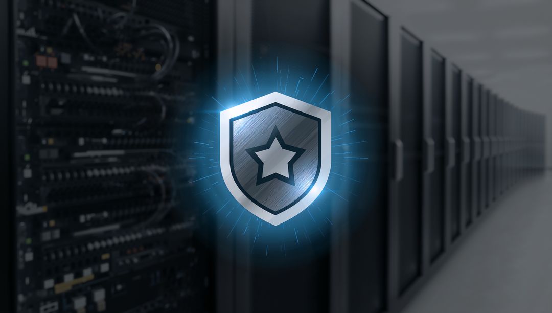 Glowing Metal Shield Emblem Protecting Data Center Servers and Network Infrastructure