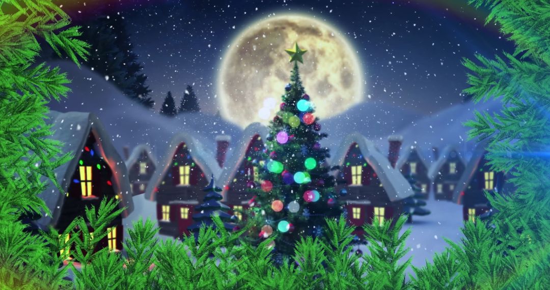 Christmas Tree in Snowy Village with Full Moon and Sleigh