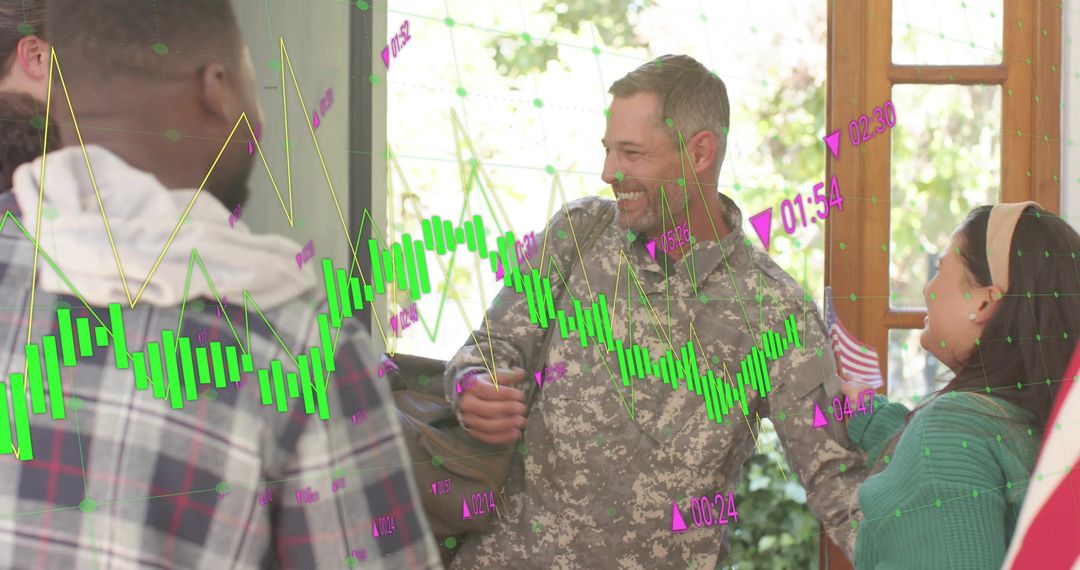 Soldier Returning Home Embracing Family at Front Door with Financial Data Overlay
