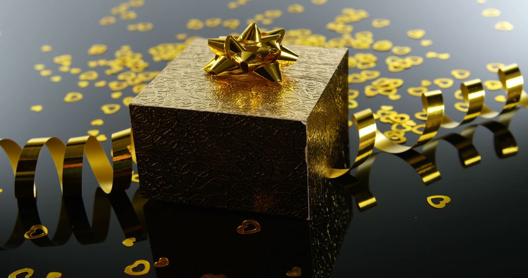 A golden gift box with a bow and confetti epitomizes luxury for special celebrations. - Free Images, Stock Photos and Pictures on Pikwizard.com