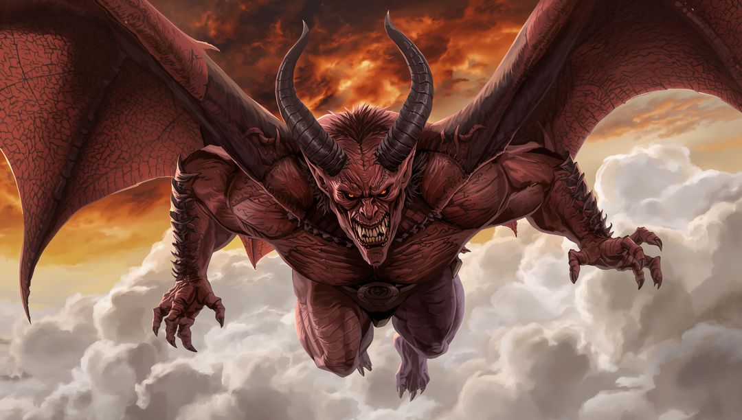 Ferocious Demon Spreads Wings Above Mystical Sunset Clouds