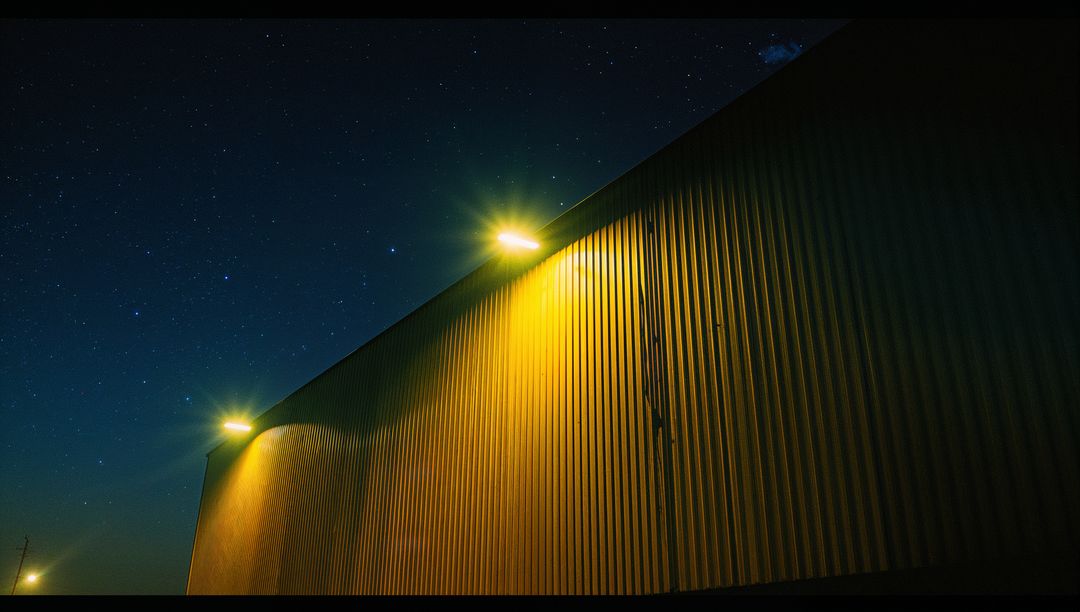 Night Illumination on Industrial Warehouse Under Starry Sky