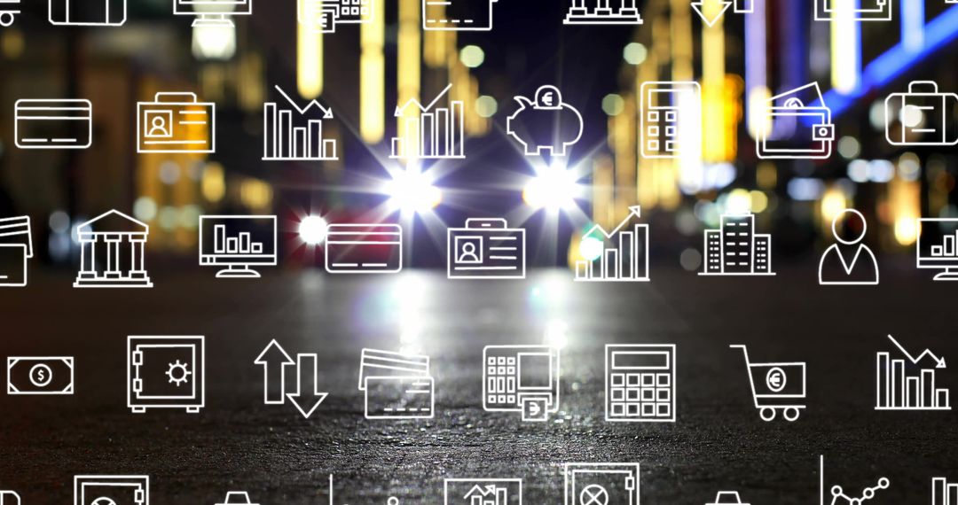 Digital Business Icons Overlay on Night Cityscape