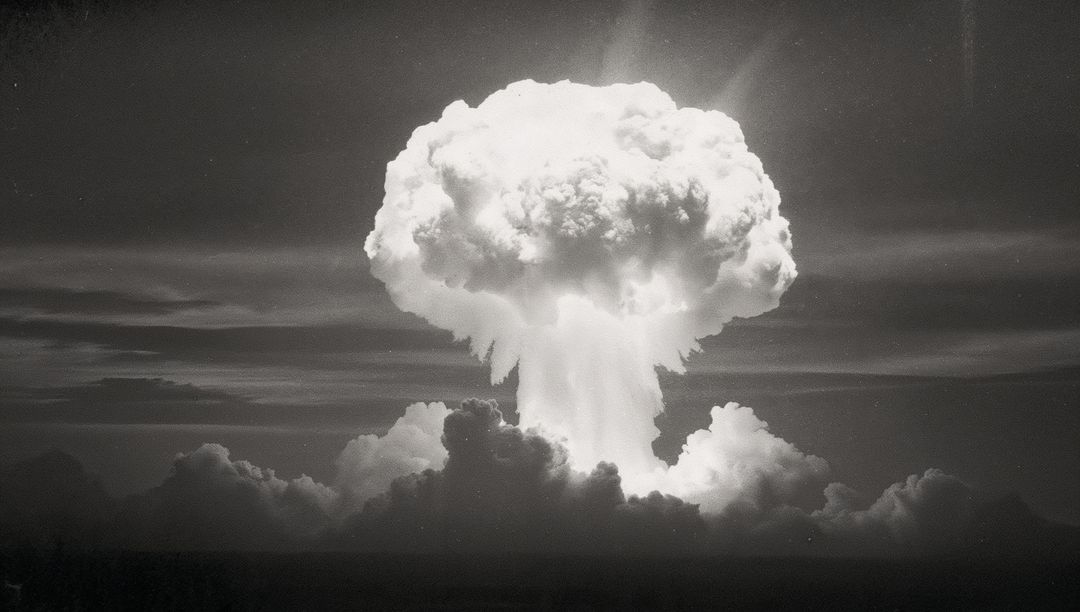 Dramatic Mushroom Cloud Domination, Illuminated High Altitude Sky, Monochrome Vision