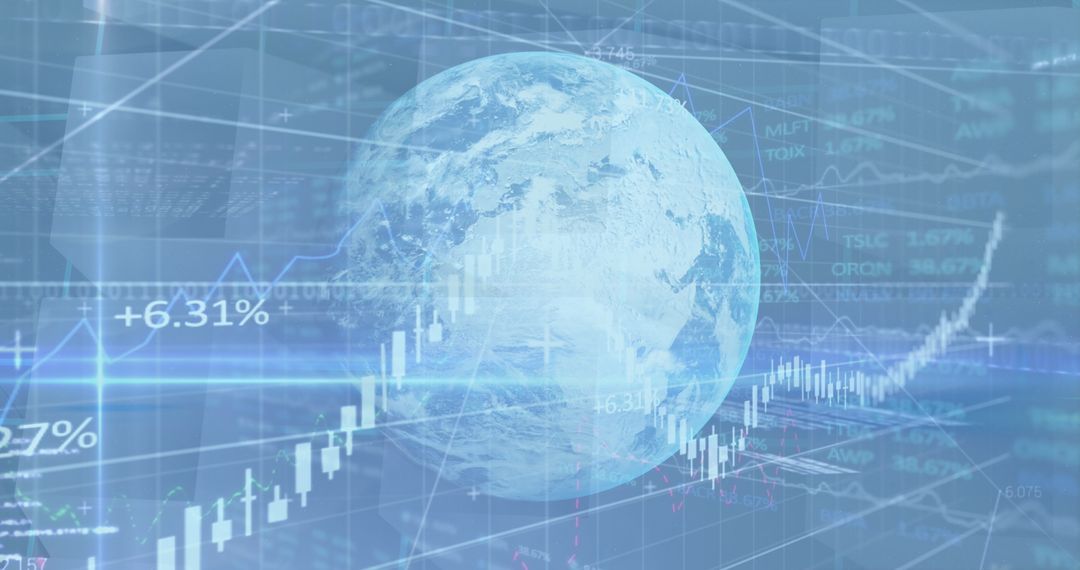 Digital Finance Data Overlay on Globe with Growing Global Economy Indicators