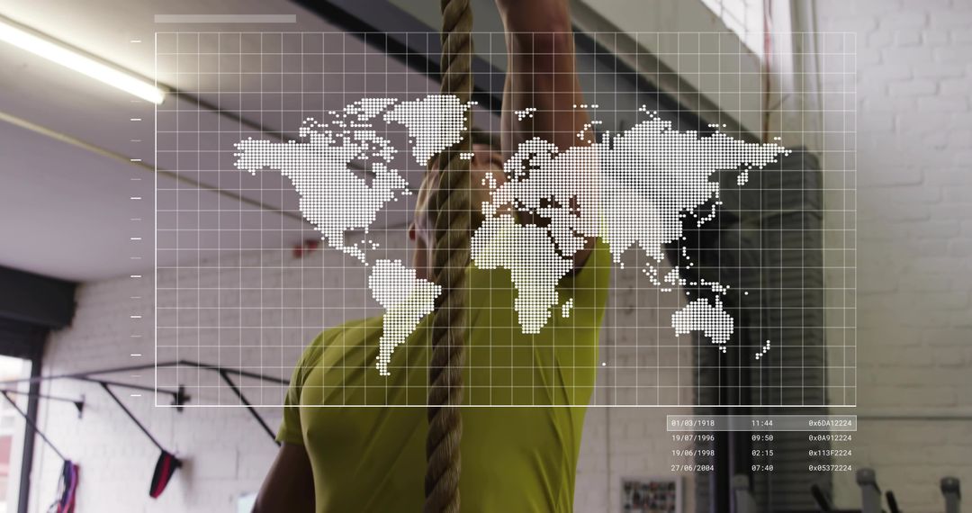 Climbing Athlete Pulling Rope in Gym with Digital World Map HUD Overlay for Fitness Tech