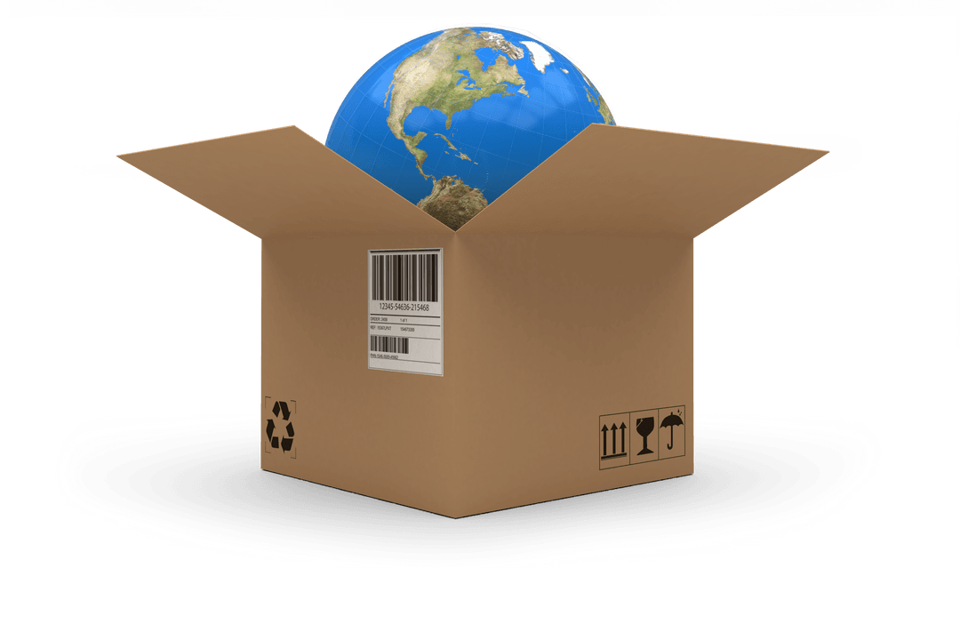 Earth Globe Positioned Inside Open Cardboard Box on Transparent