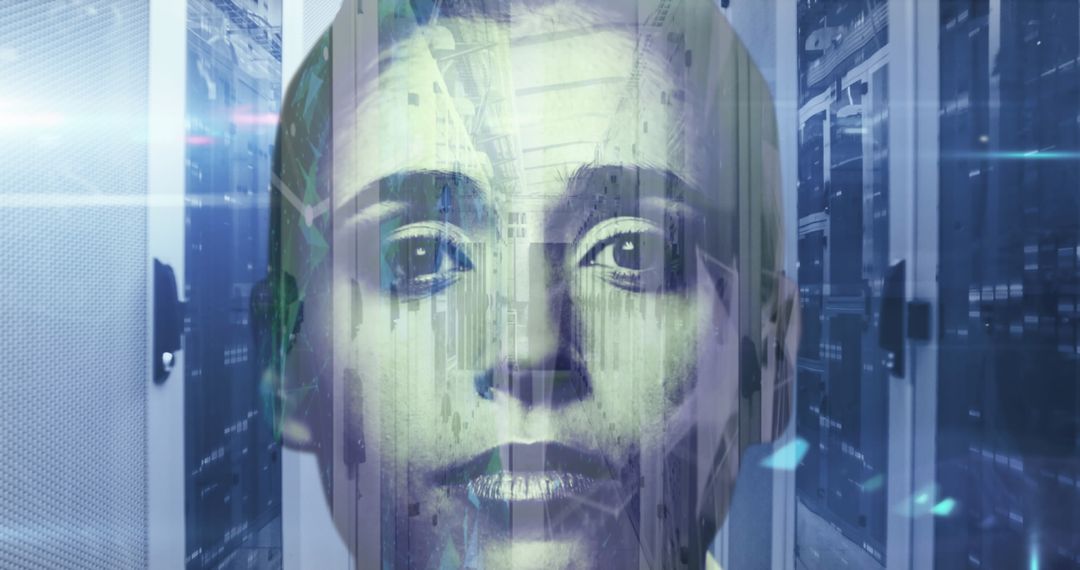 Cyborg Woman in Futuristic Server Room Environment