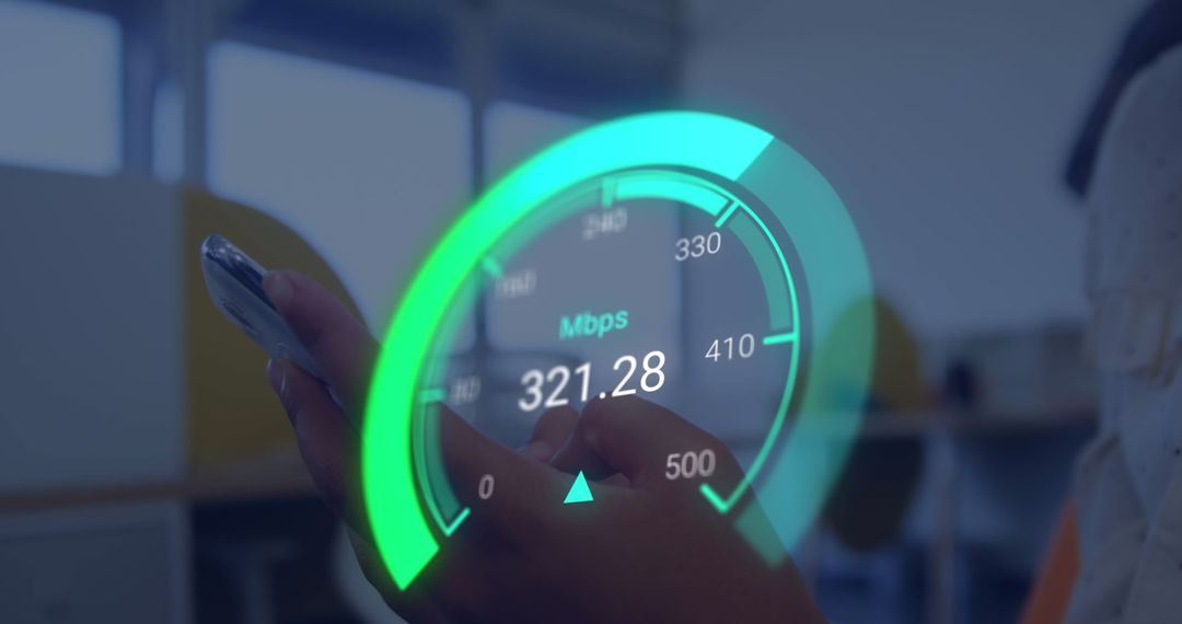 Smartphone User Measuring Fast Internet Speed with Digital Overlay