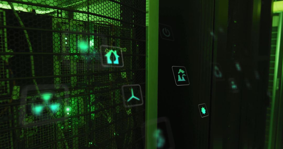 Green Technology Icons Over Data Servers in a Data Center