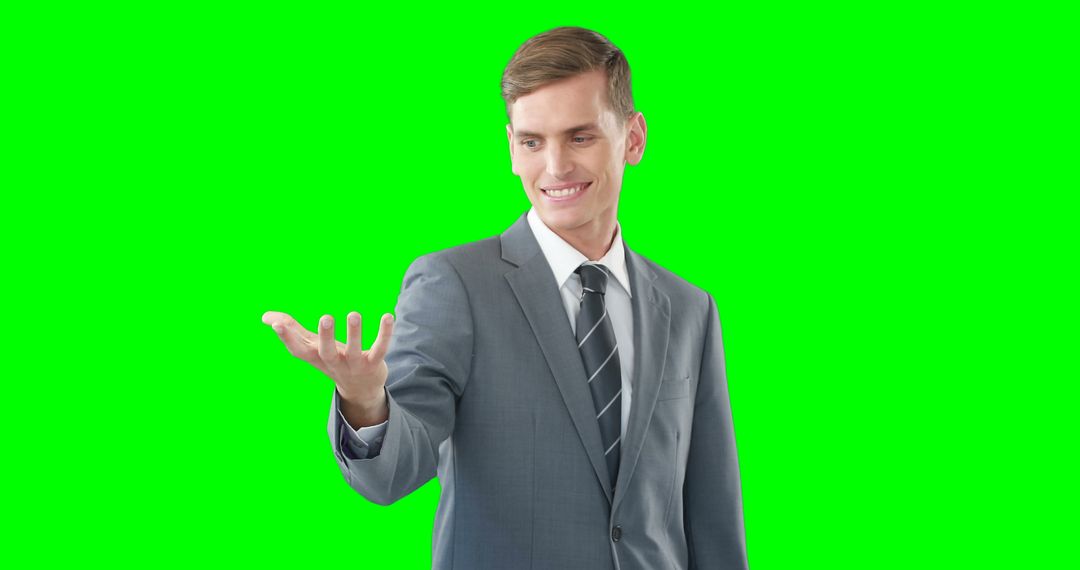 Businessman Pointing with Open Hand Isolated on Green Background - Free Images, Stock Photos and Pictures on Pikwizard.com