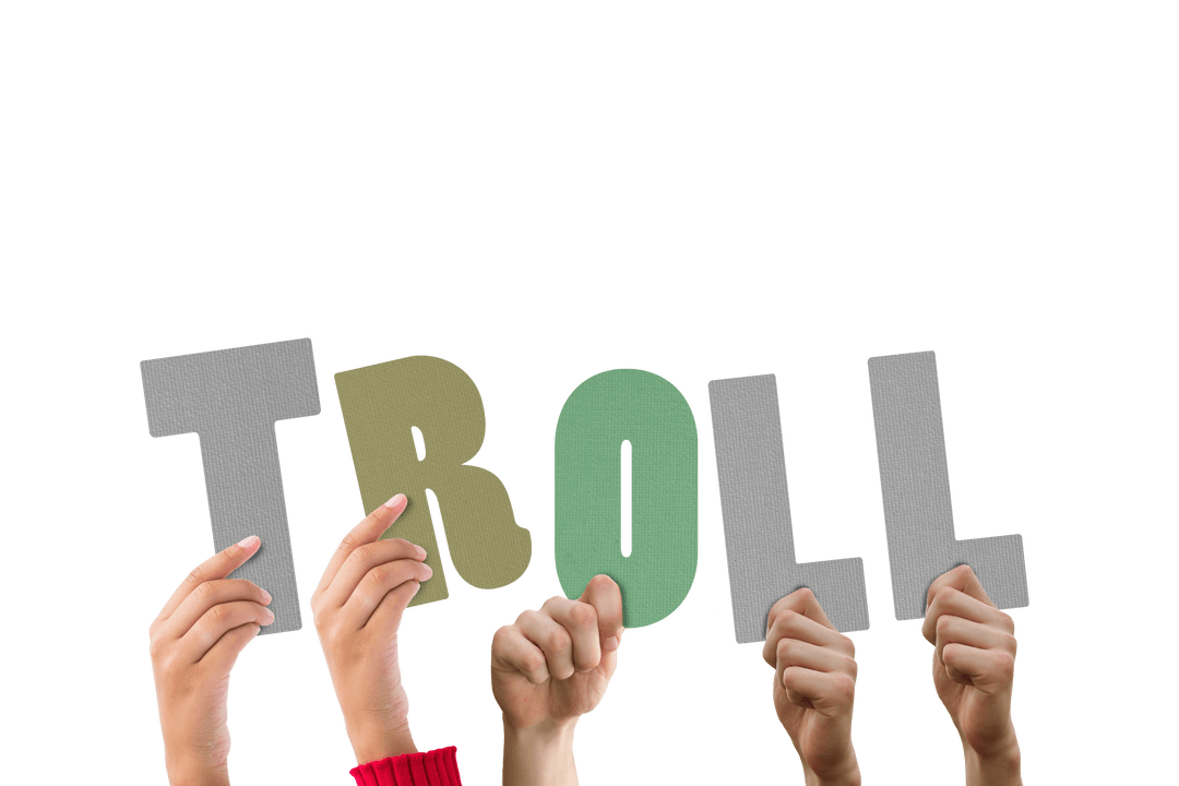 Hands Holding TROLL Text on Transparent Background