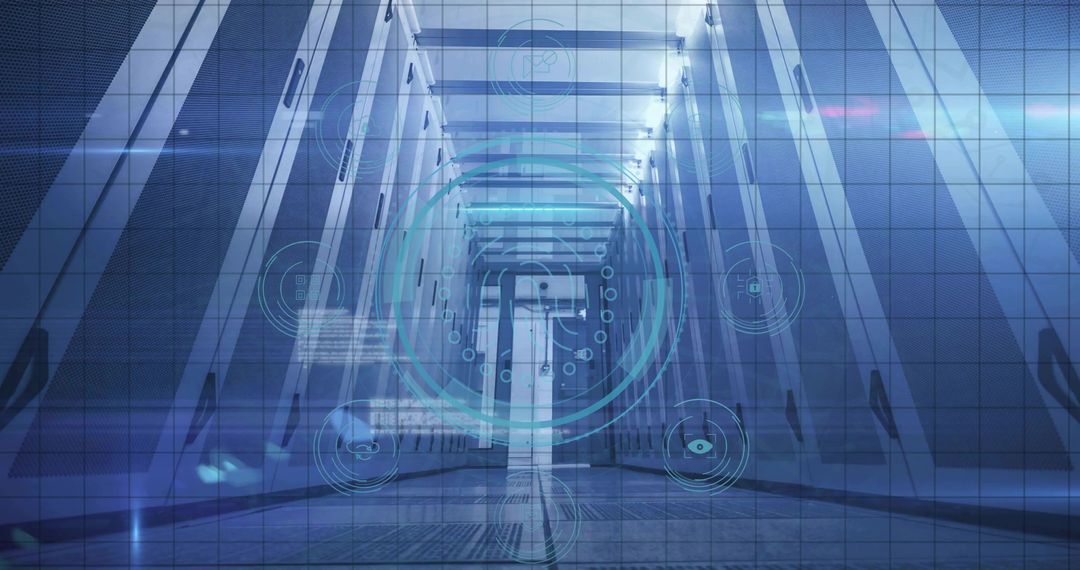 Futuristic Data Center Corridor with Holographic Interface