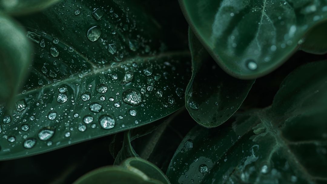 Dew-Covered Leaves in Greenhouse with Detailed Veins