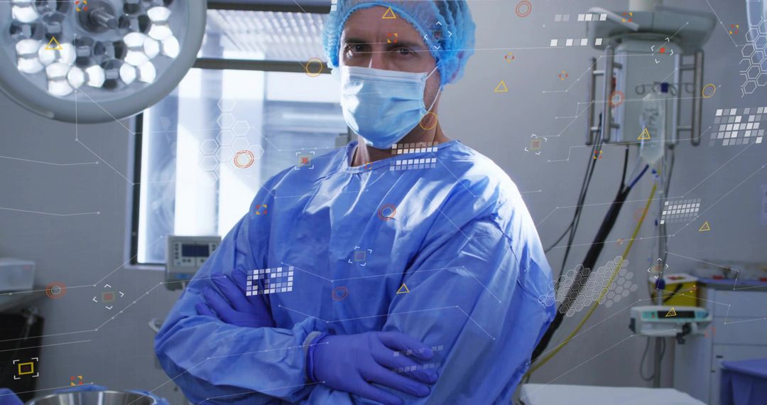 Male surgeon standing with arms crossed in high-tech operating room with HUD overlays