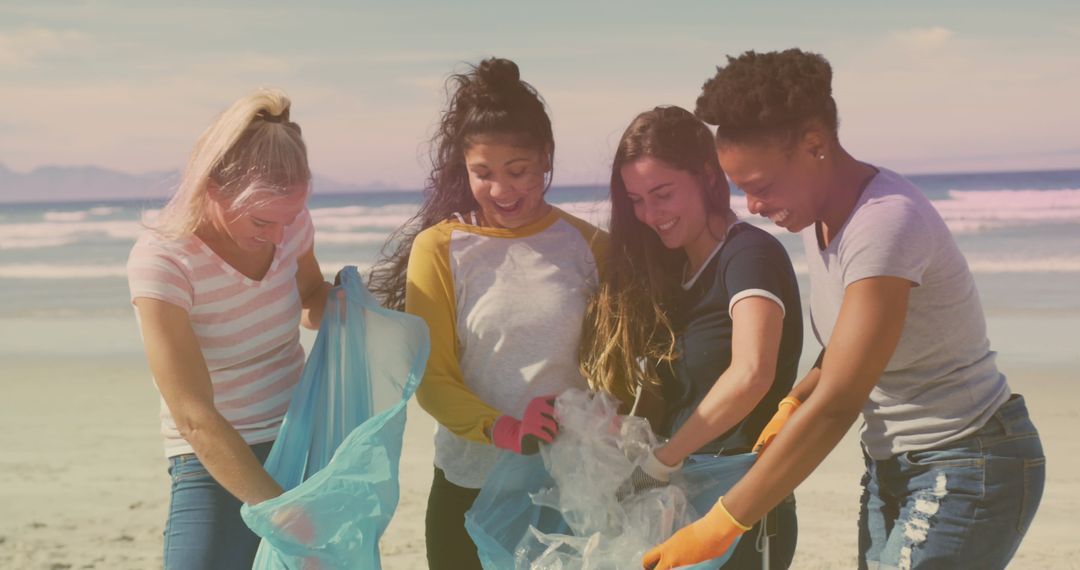 Diverse Women Collaborating in Inspirational Beach Cleanup Initiative