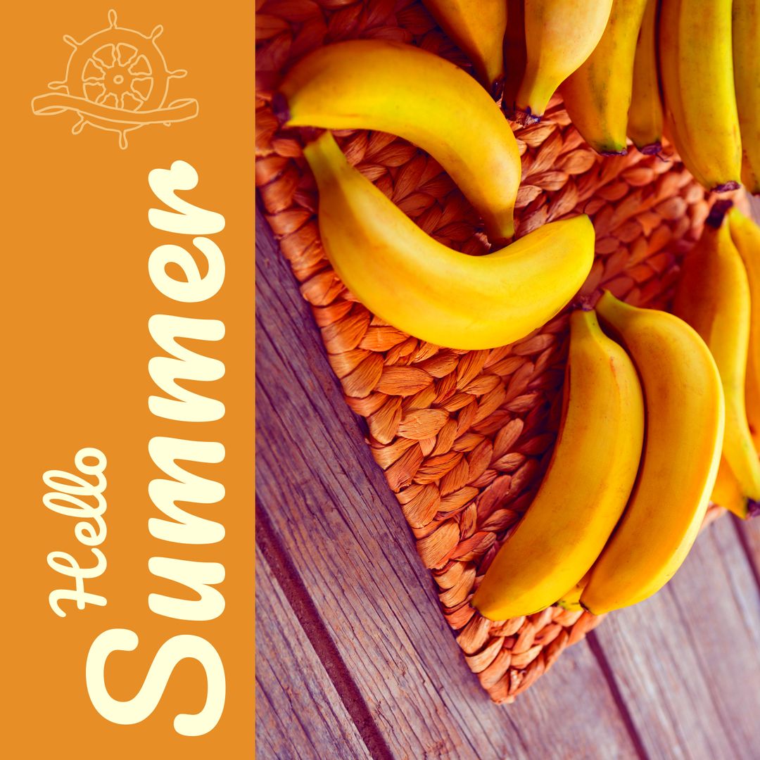 Fresh Bananas on Wicker Mat with Hello Summer Text