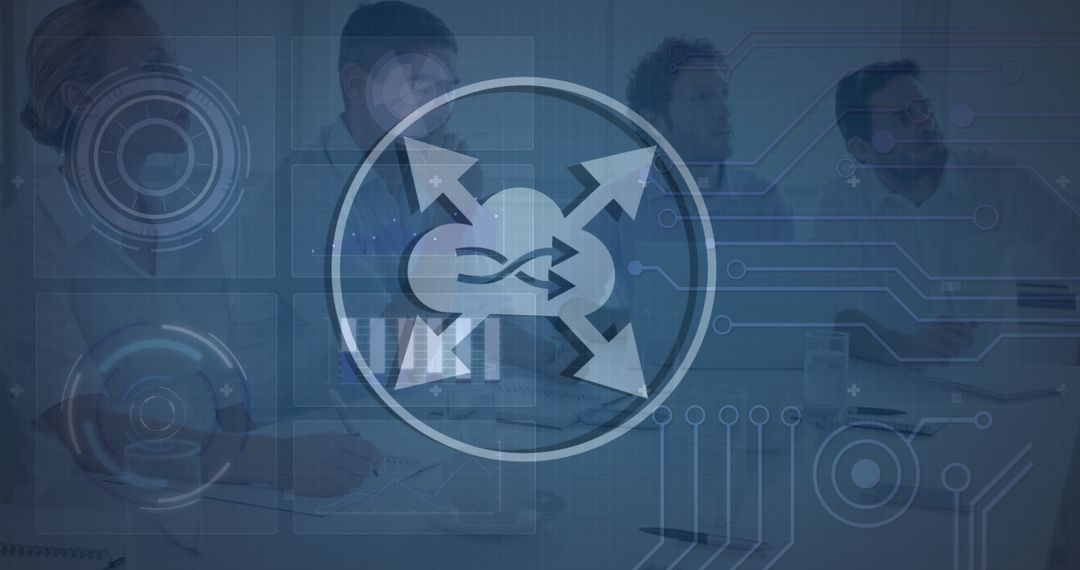 Diverse Team Collaborating with Futuristic Tech Icons on Screens