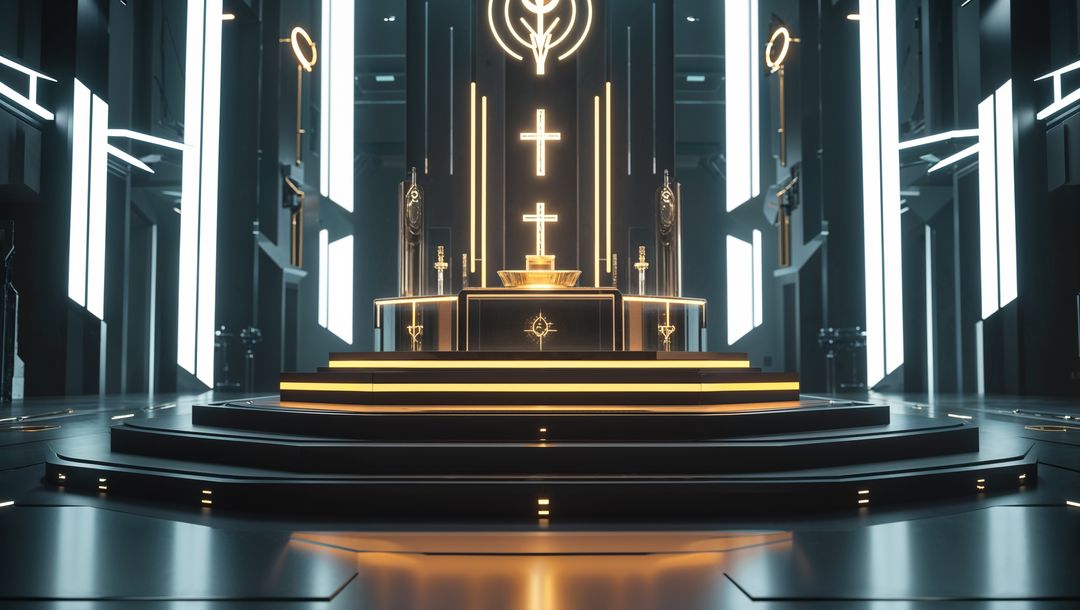 Illuminated sacred god altar in futuristic cathedral setting