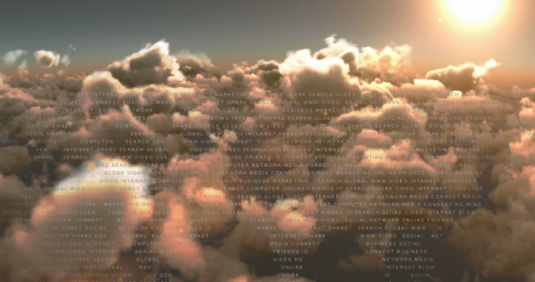 Digital Data Flow above Clouds Illuminated by Sunlight